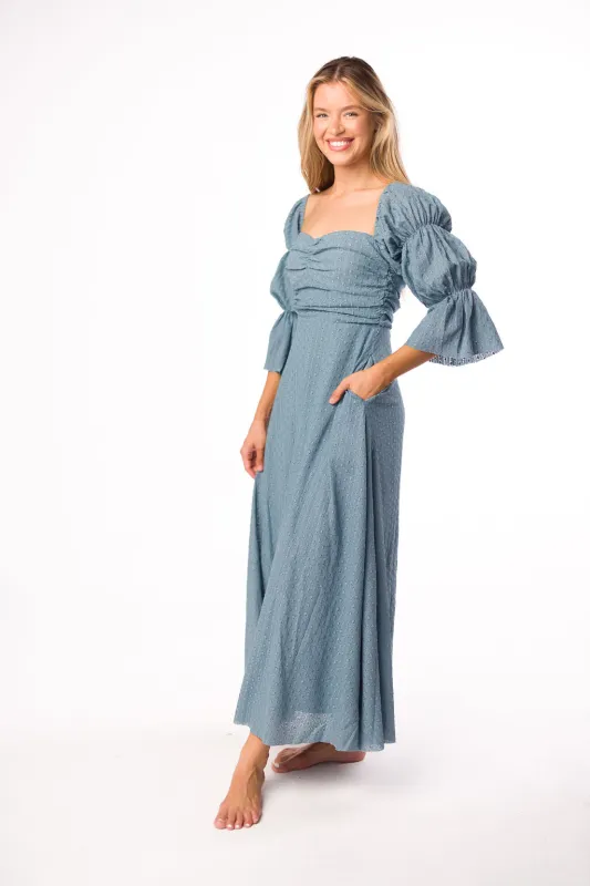 *FINAL SALE* Corrine Tiered Sleeve Maxi Dress with Pockets in Dusty Sky - Bump Friendly sold by Worth Collective