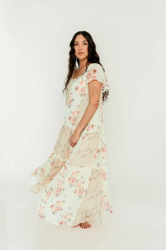 Isabella Floral Lace Trim Maxi Dress in Beige Multi - Bump Friendly made by Worth Collective