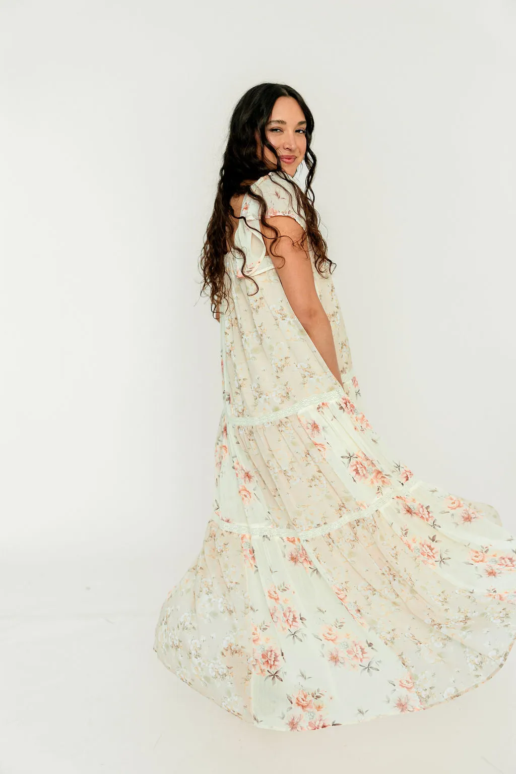 Isabella Floral Lace Trim Maxi Dress in Beige Multi - Bump Friendly sold by Worth Collective product image thumbnail 3