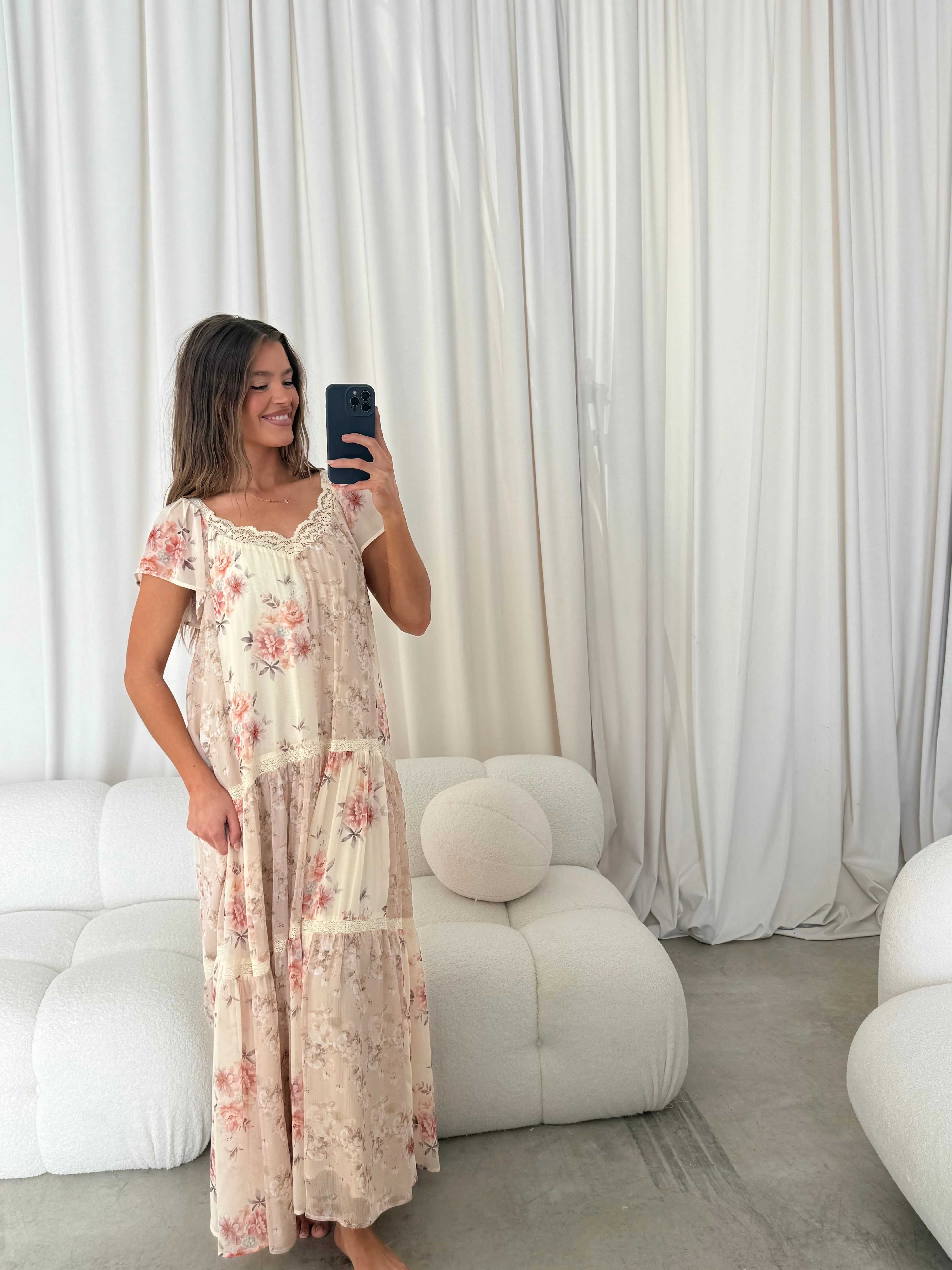 Isabella Floral Lace Trim Maxi Dress in Beige Multi - Bump Friendly sold by Worth Collective product image thumbnail 2