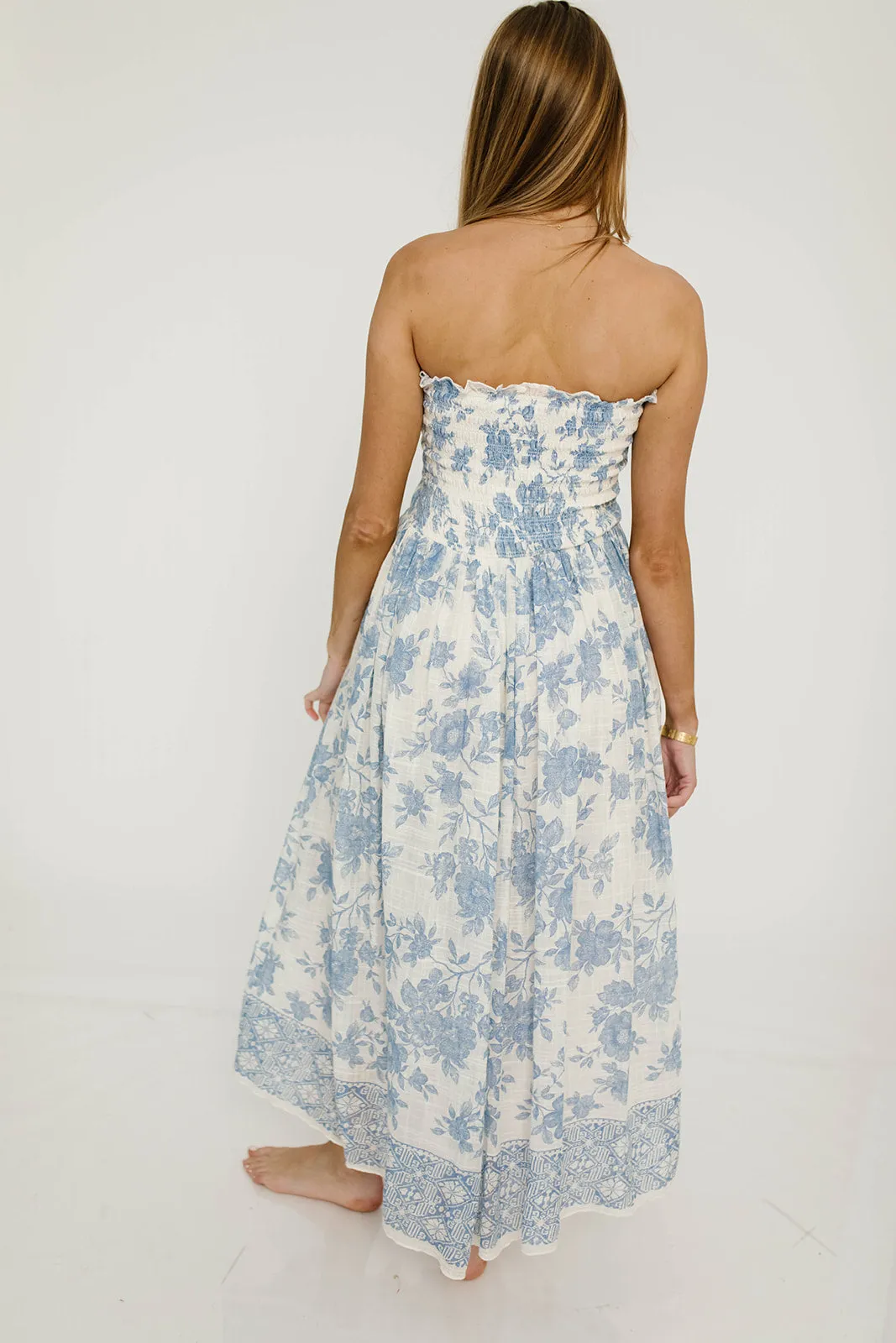 Solena Floral Smocked Midi Dress in Ivory/Blue sold by Worth Collective product image thumbnail 3