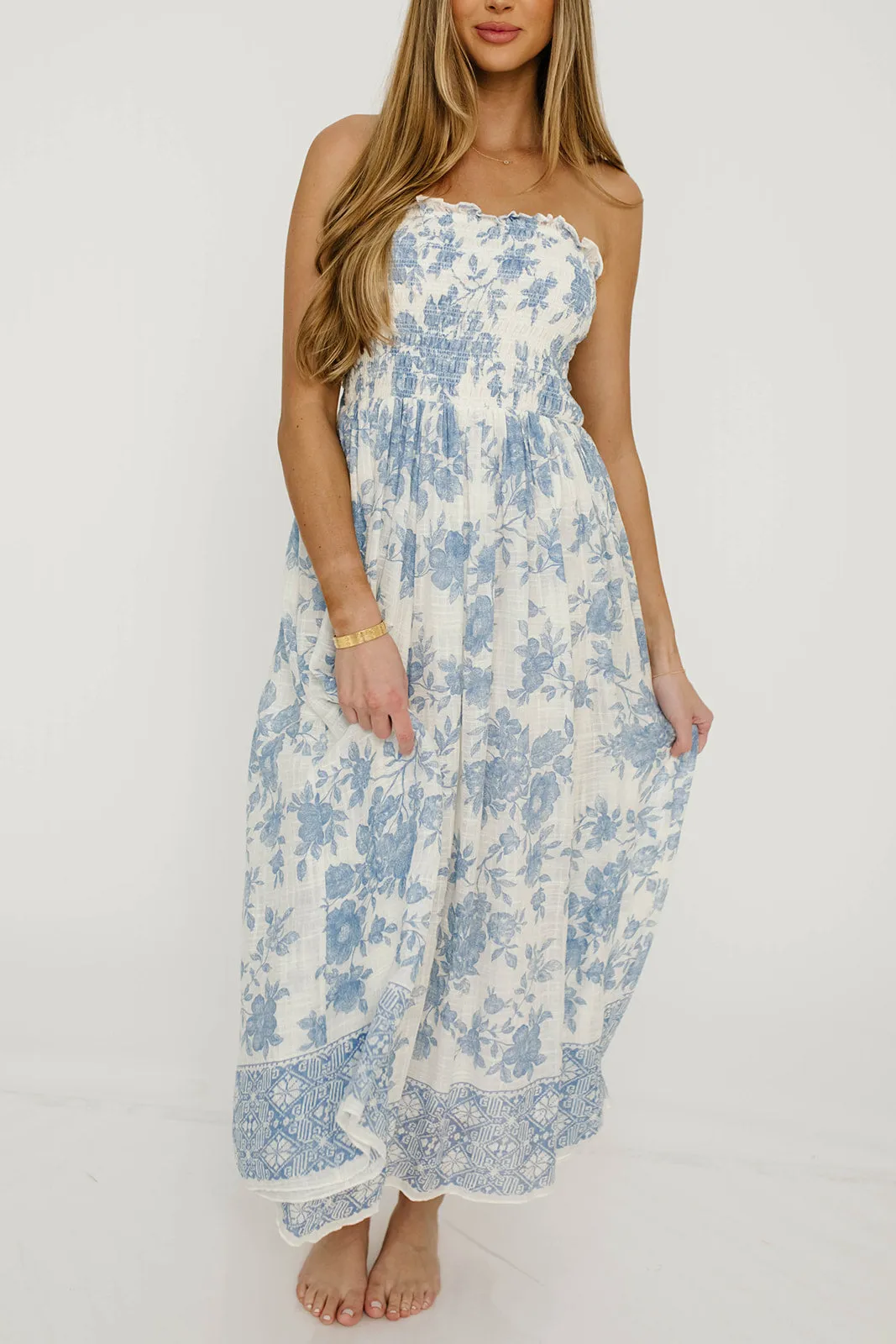 Solena Floral Smocked Midi Dress in Ivory/Blue sold by Worth Collective product image thumbnail 2