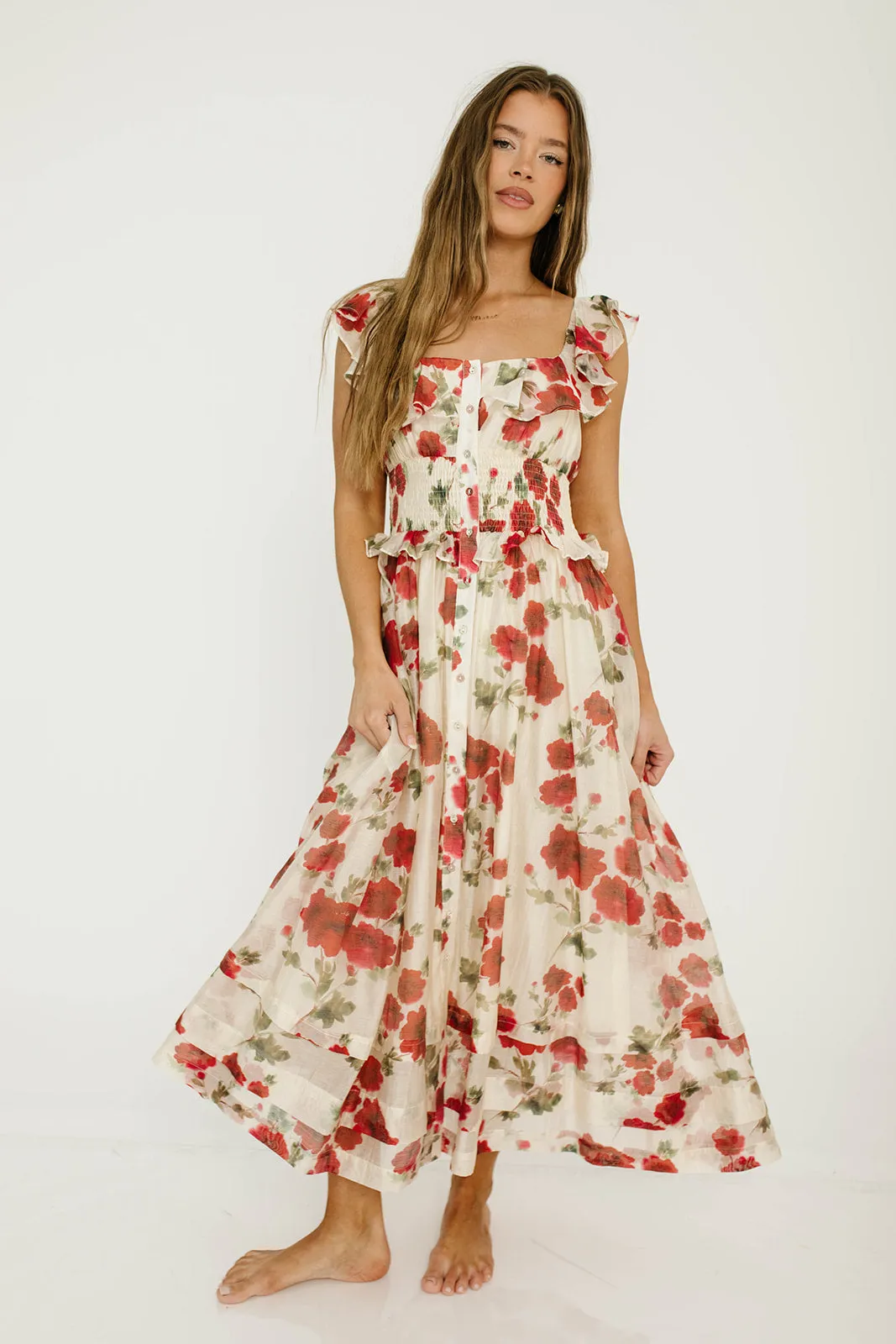 Pamela Floral Midi Dress in Red sold by Worth Collective