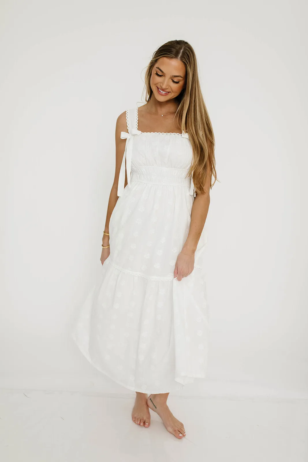 Myka Embroidered Tie-Strap Tiered Maxi Dress in Off-White sold by Worth Collective product image thumbnail 2