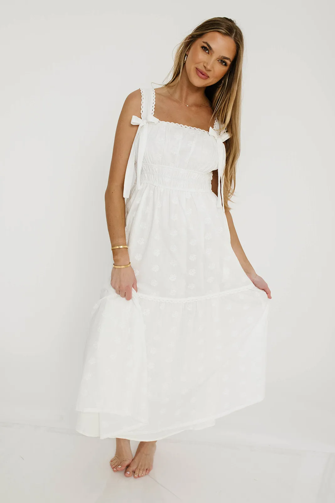Myka Embroidered Tie-Strap Tiered Maxi Dress in Off-White sold by Worth Collective product image thumbnail 3