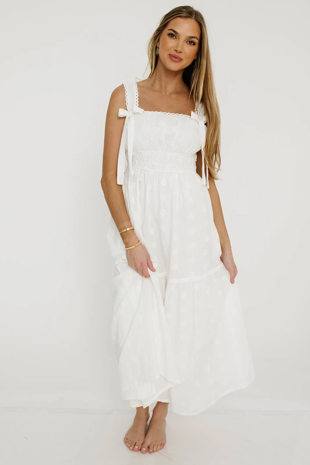 Myka Embroidered Tie-Strap Tiered Maxi Dress in Off-White sold by Worth Collective