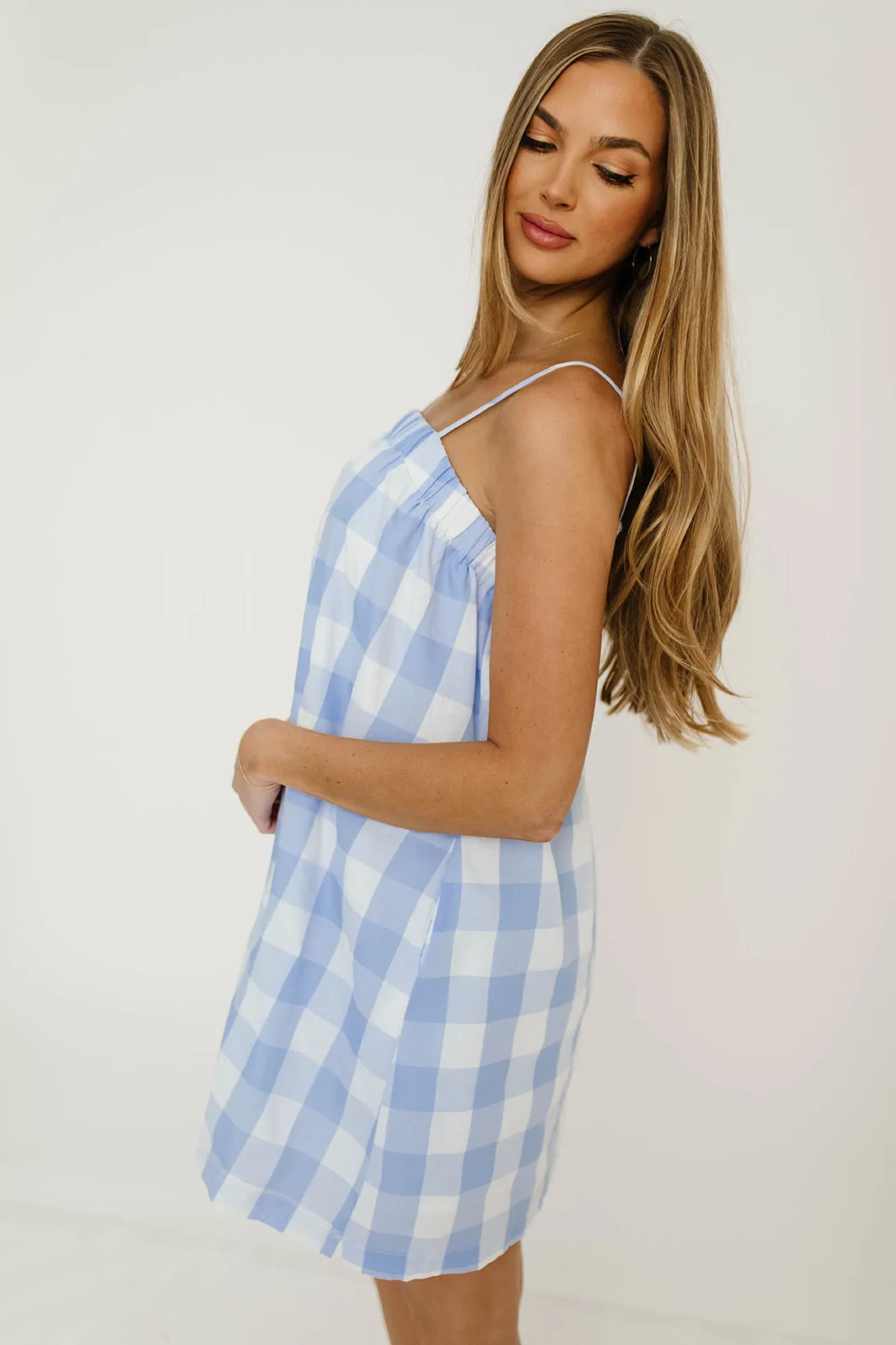 Kaitlyn Plaid Cami Mini Dress in Sky/White sold by Worth Collective product image thumbnail 5