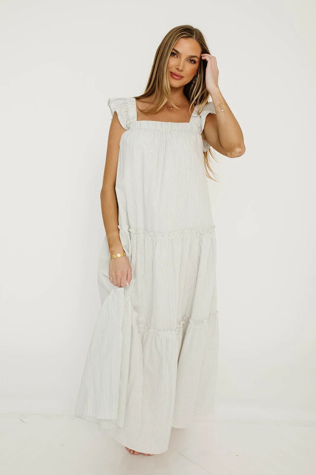 Vivian Striped Tiered Midi Dress in Ivory/Sky sold by Worth Collective product image thumbnail 4