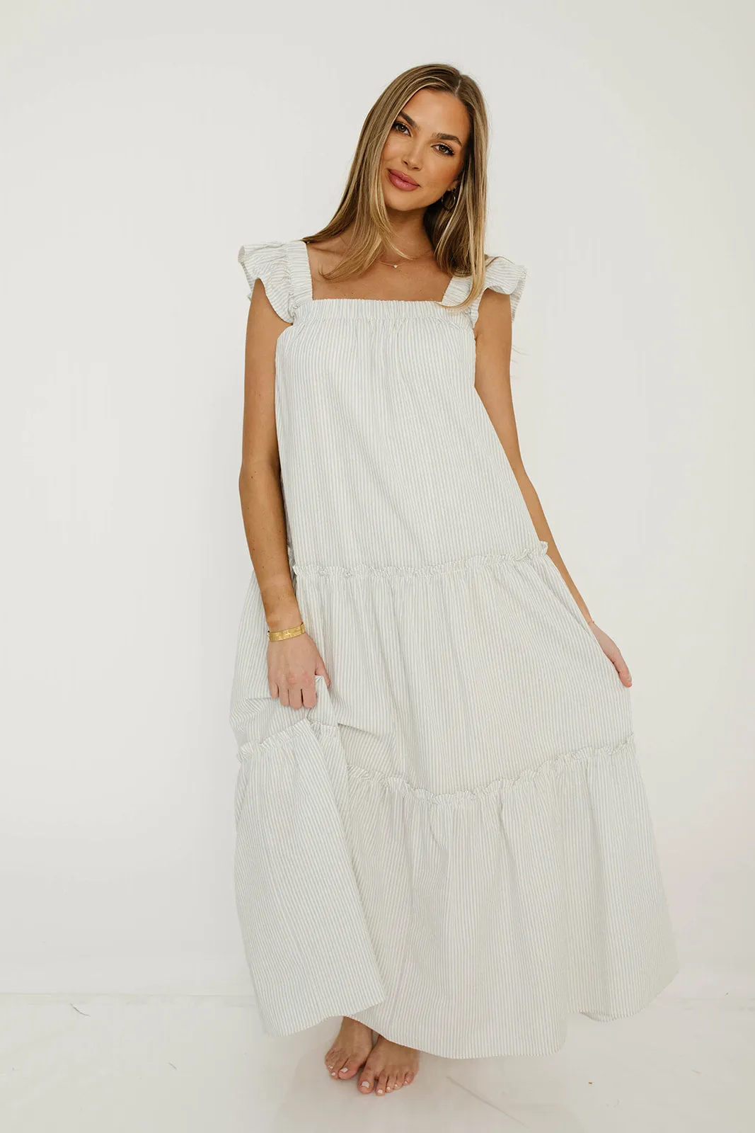 Vivian Striped Tiered Midi Dress in Ivory/Sky sold by Worth Collective product image thumbnail 5