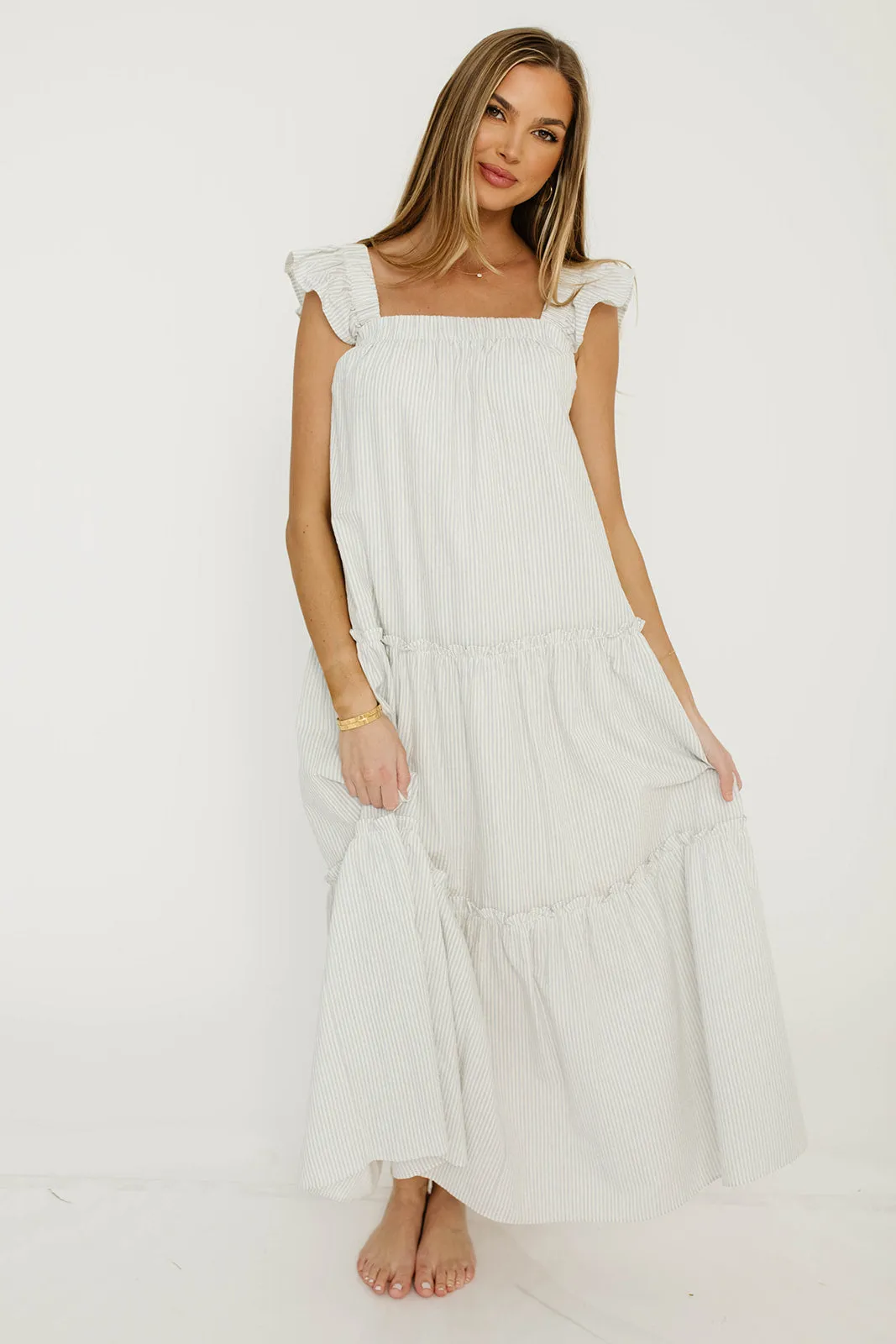 Vivian Striped Tiered Midi Dress in Ivory/Sky sold by Worth Collective product image thumbnail 3