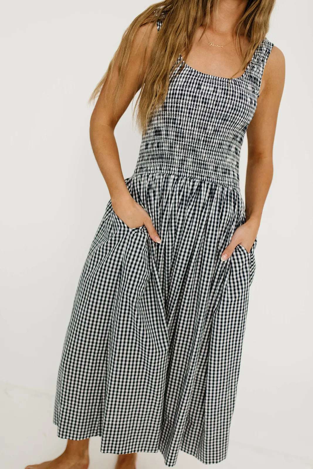 Janice 100% Cotton Gingham Smocked Midi Dress in Navy sold by Worth Collective product image thumbnail 3