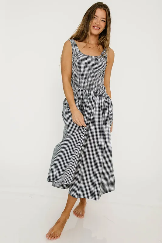 Janice 100% Cotton Gingham Smocked Midi Dress in Navy made by Sofie the Label