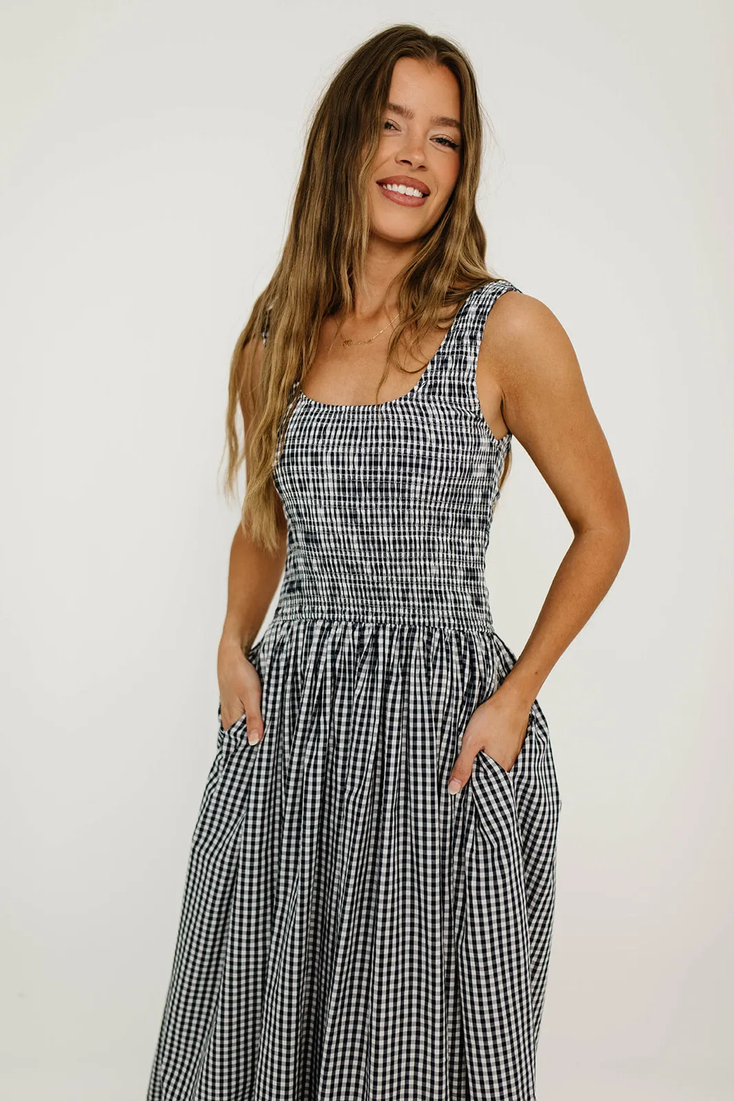 Janice 100% Cotton Gingham Smocked Midi Dress in Navy sold by Worth Collective product image thumbnail 5