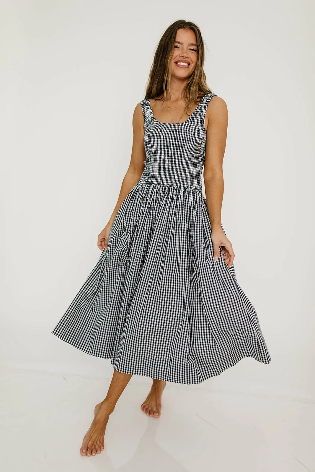 Janice 100% Cotton Gingham Smocked Midi Dress in Navy sold by Worth Collective product image thumbnail 2