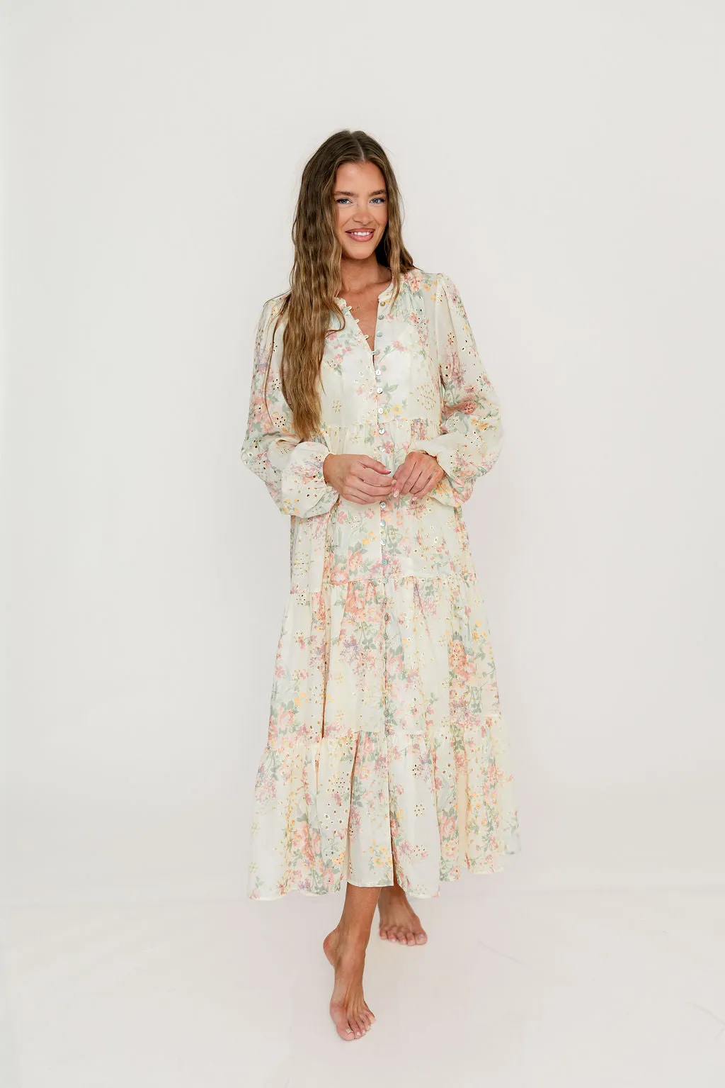 Anna Eyelet Button Down Tiered Dress in Blush Multi sold by Worth Collective product image thumbnail 4