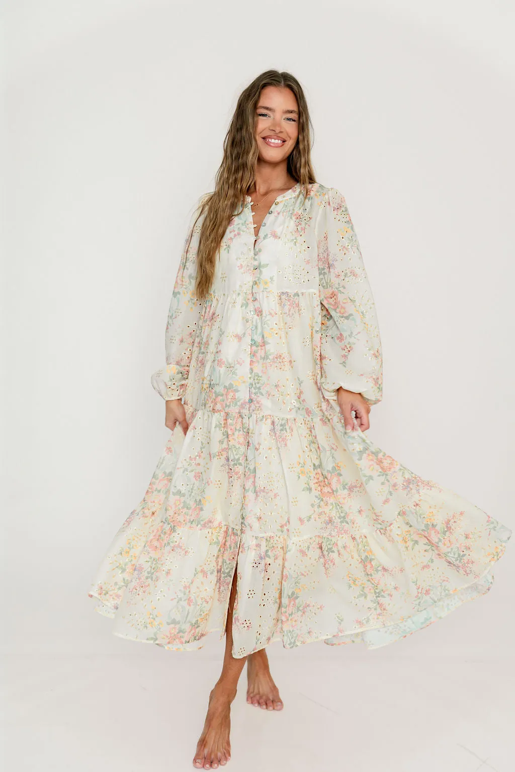 Anna Eyelet Button Down Tiered Dress in Blush Multi sold by Worth Collective