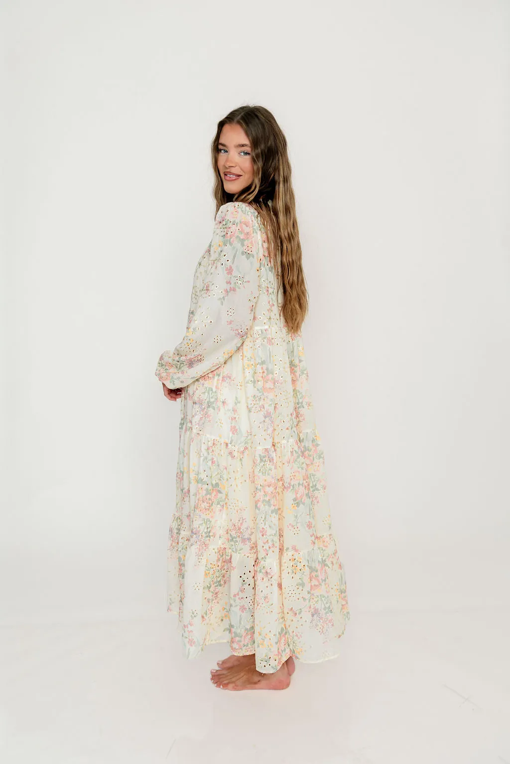 Anna Eyelet Button Down Tiered Dress in Blush Multi sold by Worth Collective product image thumbnail 5