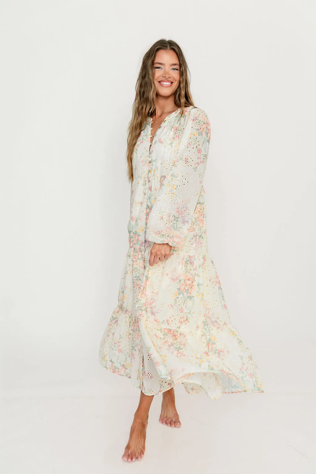 Anna Eyelet Button Down Tiered Dress in Blush Multi sold by Worth Collective product image thumbnail 2