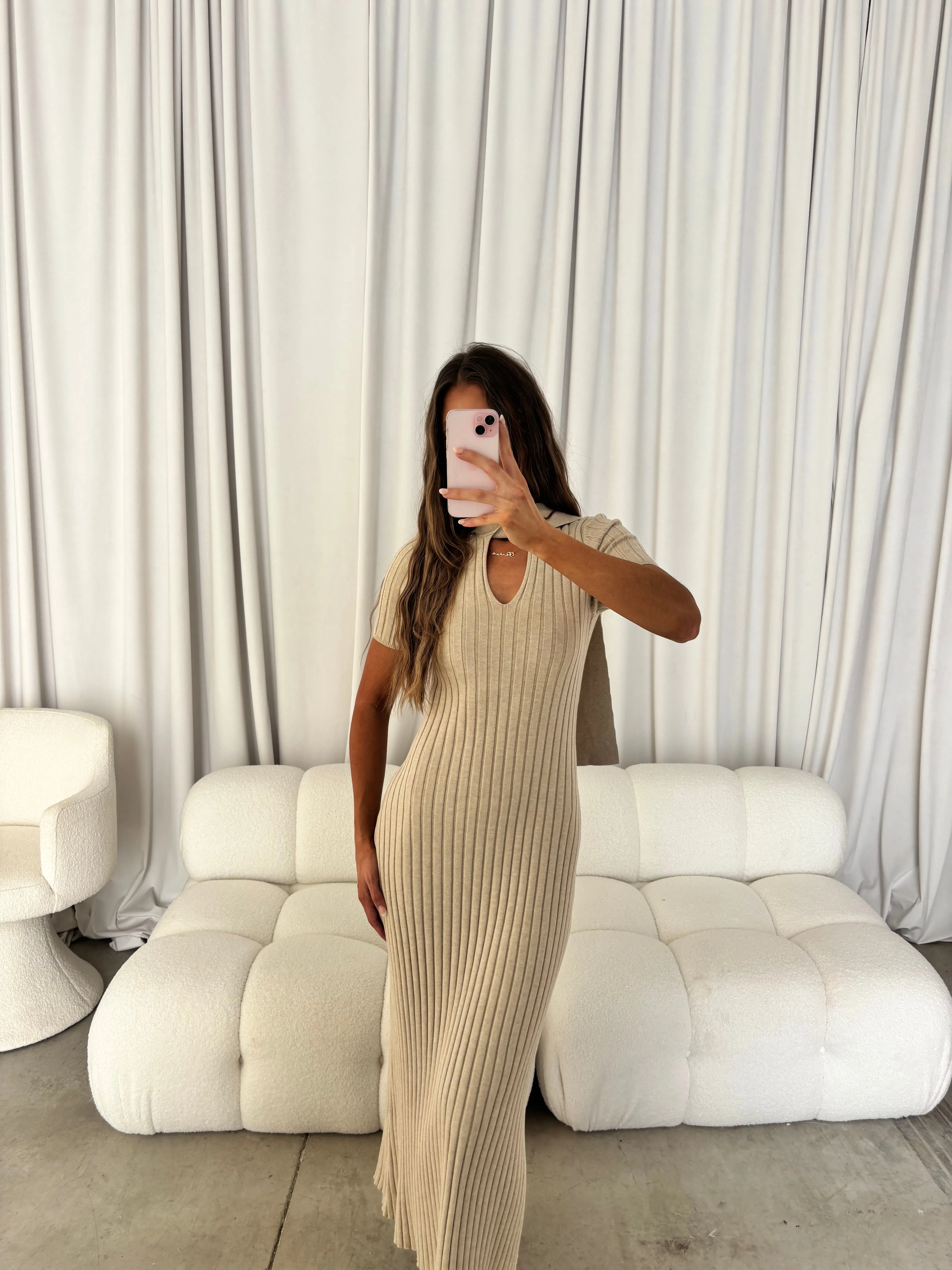 Rebecca Bow Detail Rib-Knit Maxi Dress in Oatmeal sold by Worth Collective product image thumbnail 5