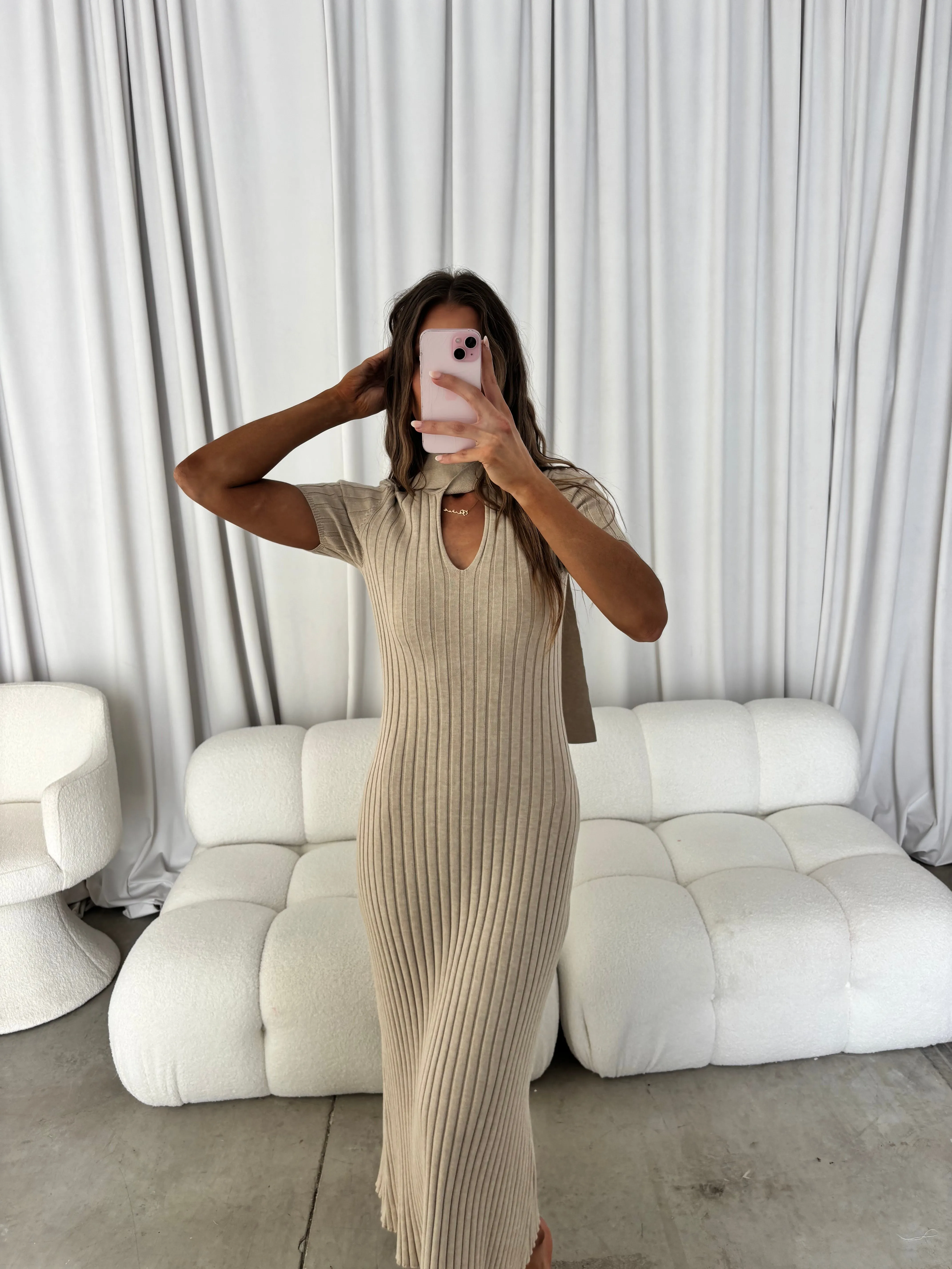 Rebecca Bow Detail Rib-Knit Maxi Dress in Oatmeal sold by Worth Collective product image thumbnail 2