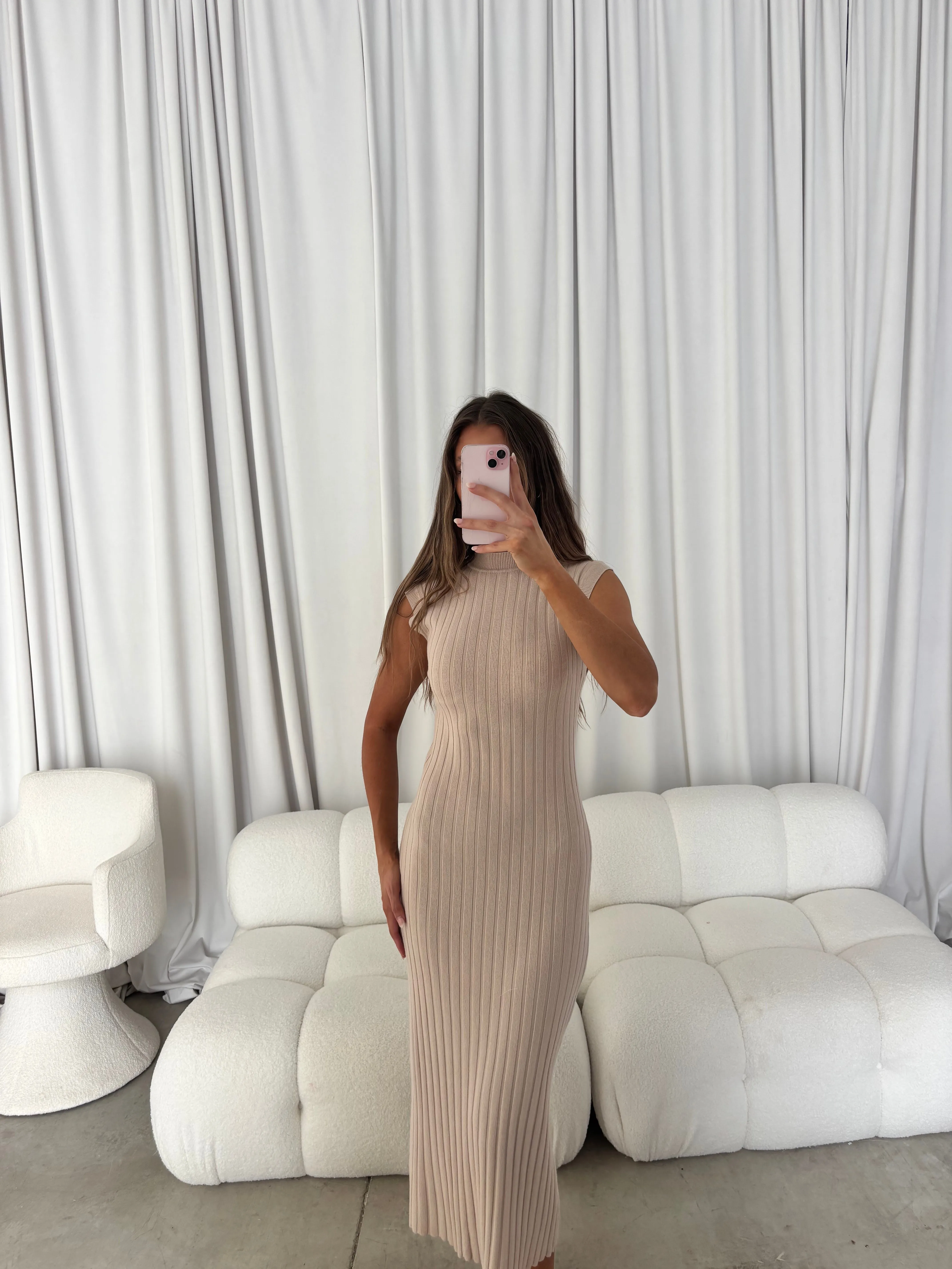 Julia Rib-Knit Maxi Dress in Sand sold by Worth Collective