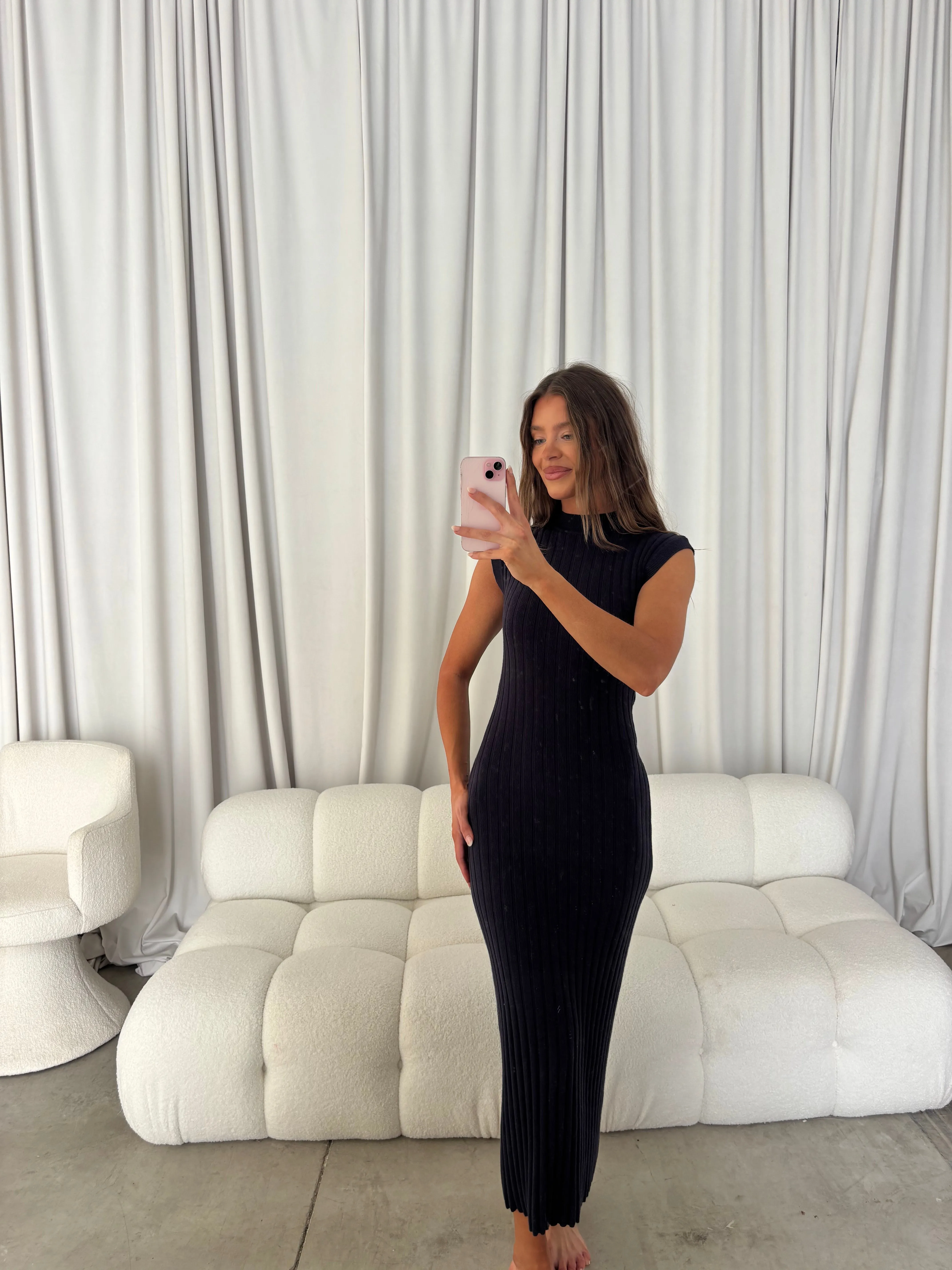 Julia Rib-Knit Maxi Dress in Navy sold by Worth Collective