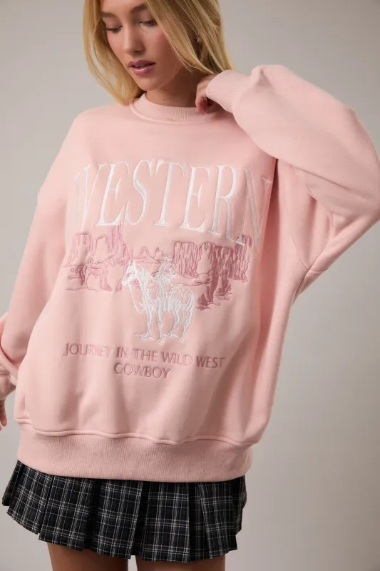 Walker Embroidered Crew Neck Sweatshirt in Light Pink made by Le Lis