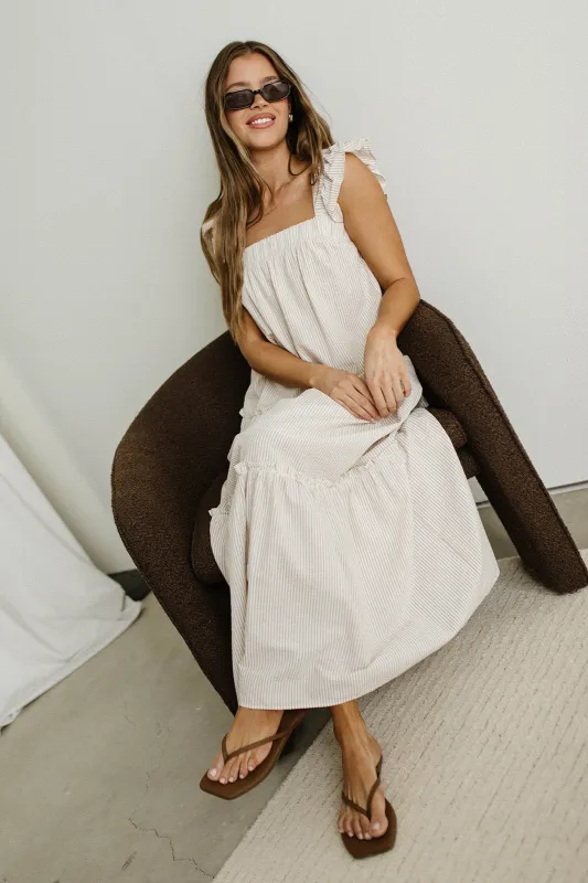 Vivian Striped Tiered Midi Dress in Cream/Mocha made by Wishlist