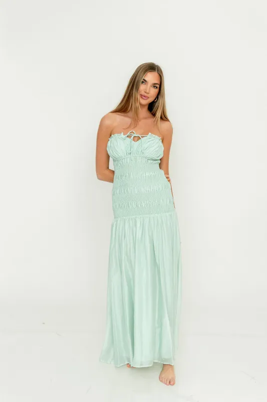 Myra Strapless Smocked Bodice Tube Maxi Dress in Light Mint made by MABLE