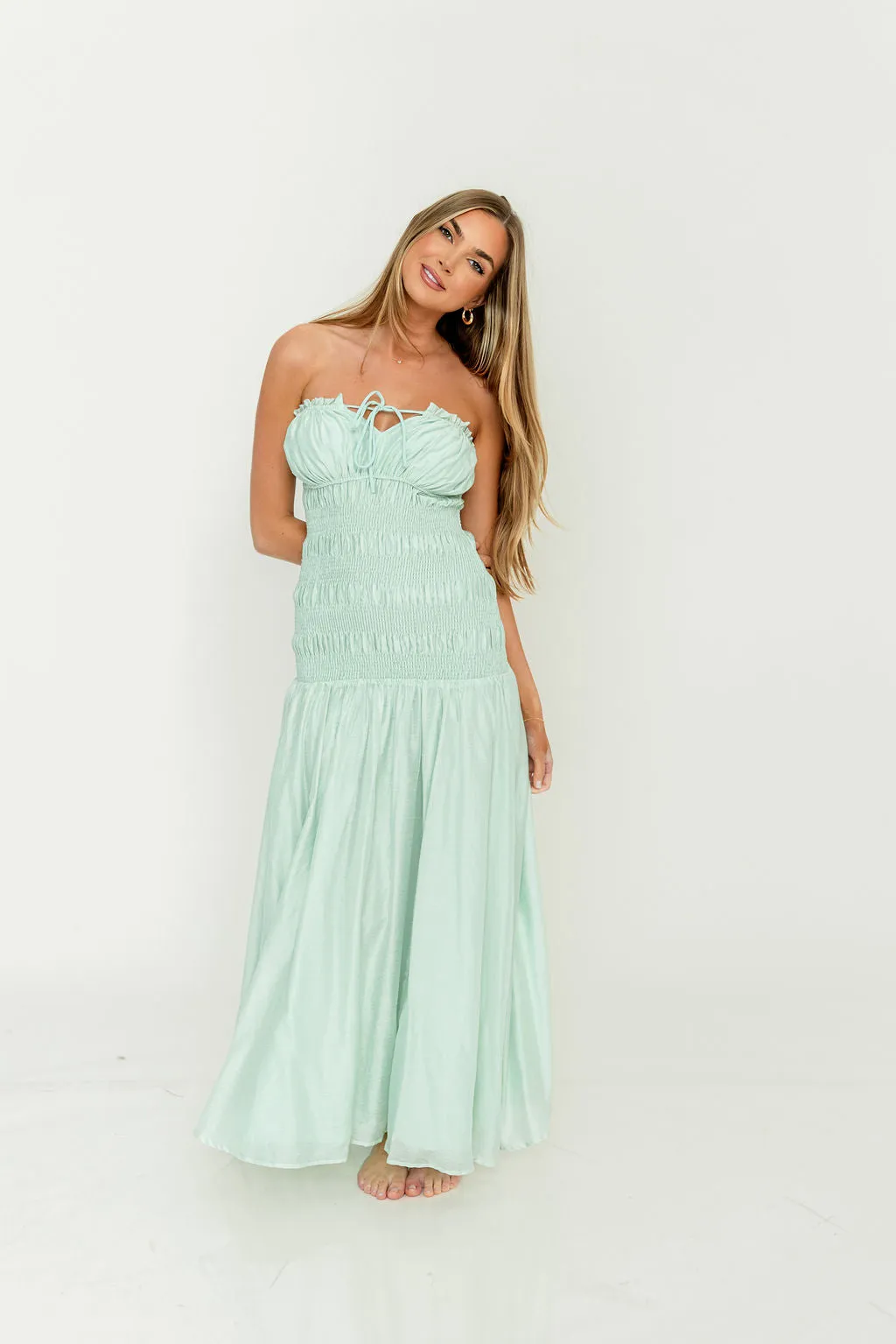 Myra Strapless Smocked Bodice Tube Maxi Dress in Light Mint sold by Worth Collective product image thumbnail 3