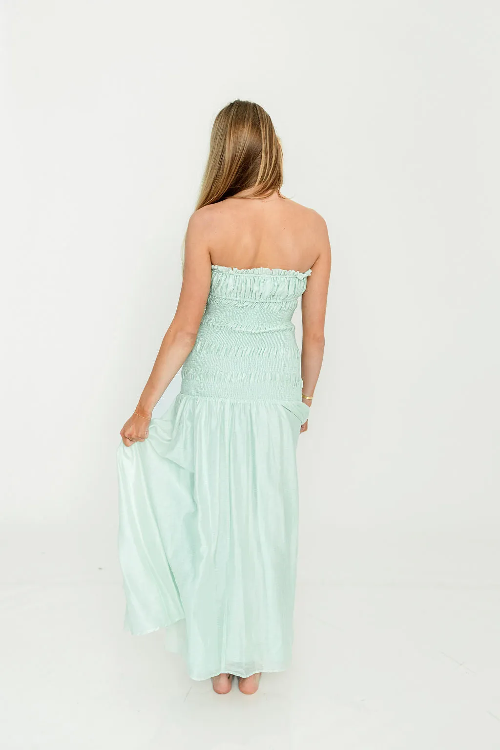 Myra Strapless Smocked Bodice Tube Maxi Dress in Light Mint sold by Worth Collective product image thumbnail 4