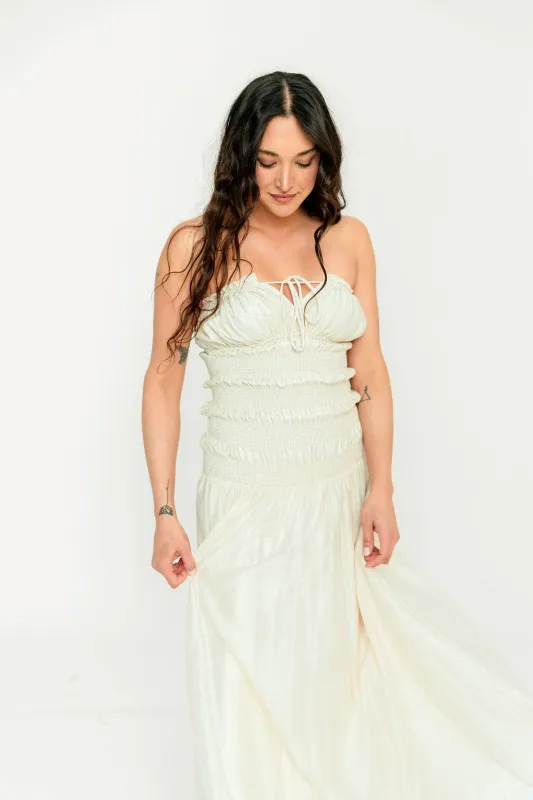 Myra Strapless Smocked Bodice Tube Maxi Dress in Cream made by MABLE