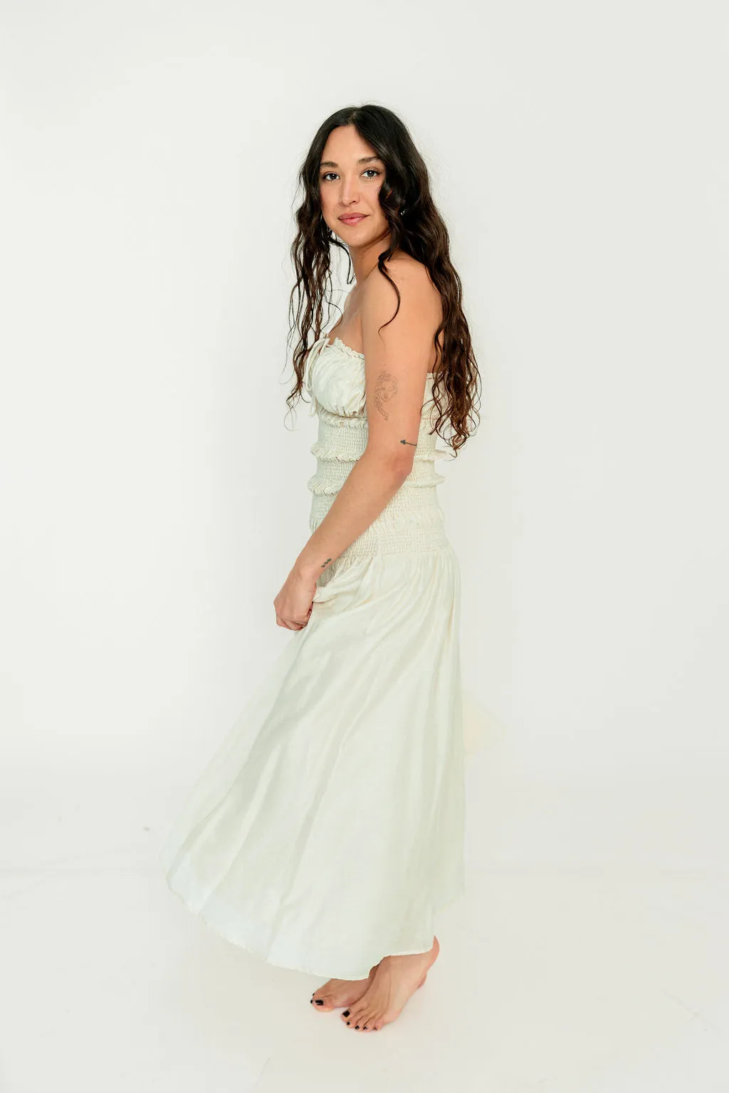 Myra Strapless Smocked Bodice Tube Maxi Dress in Cream sold by Worth Collective product image thumbnail 2