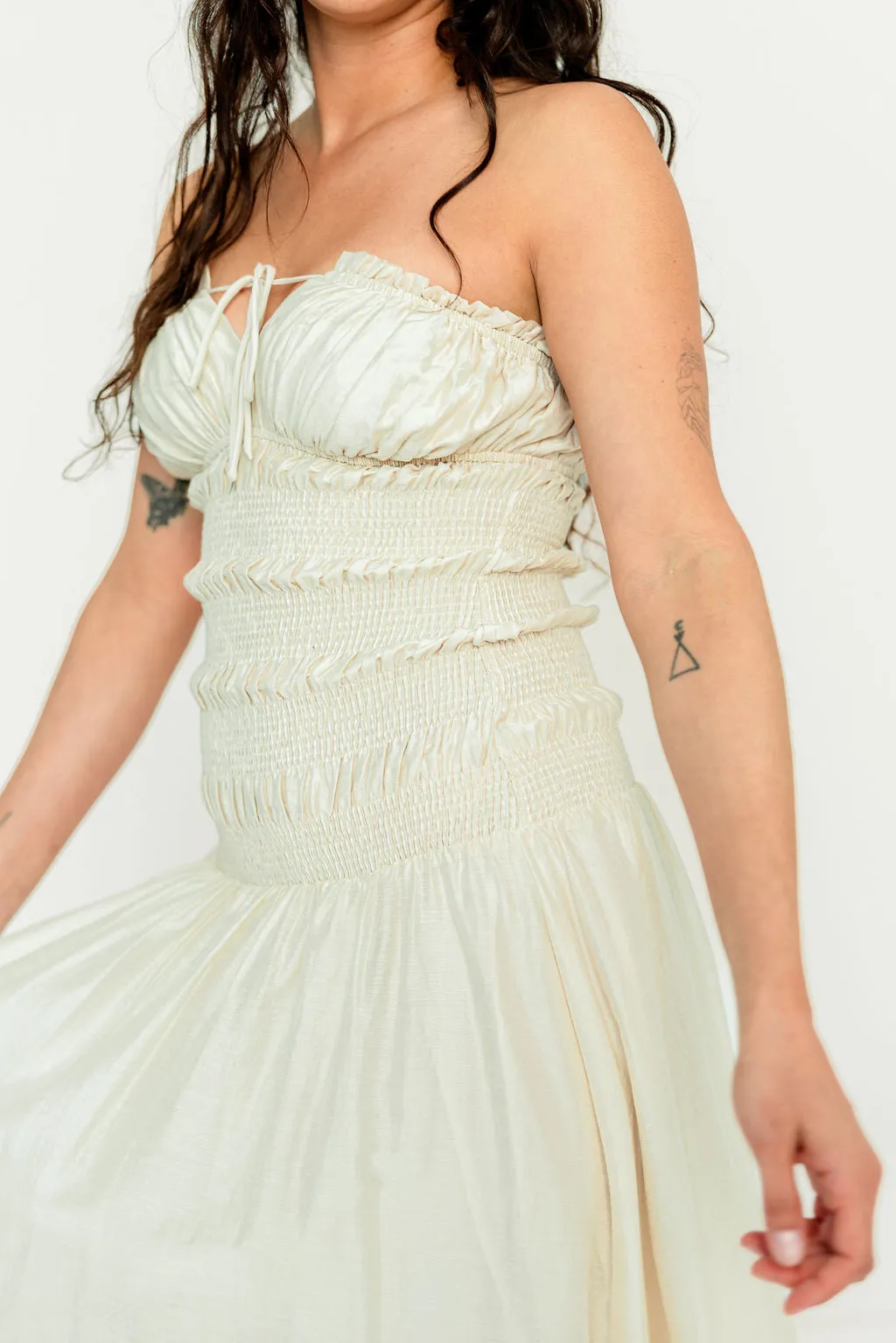 Myra Strapless Smocked Bodice Tube Maxi Dress in Cream sold by Worth Collective product image thumbnail 5