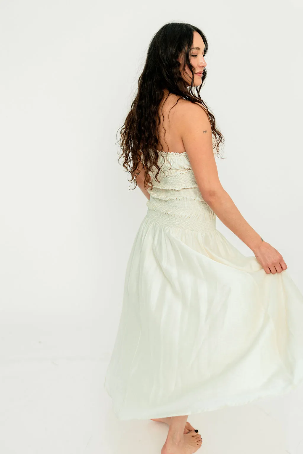 Myra Strapless Smocked Bodice Tube Maxi Dress in Cream sold by Worth Collective product image thumbnail 3