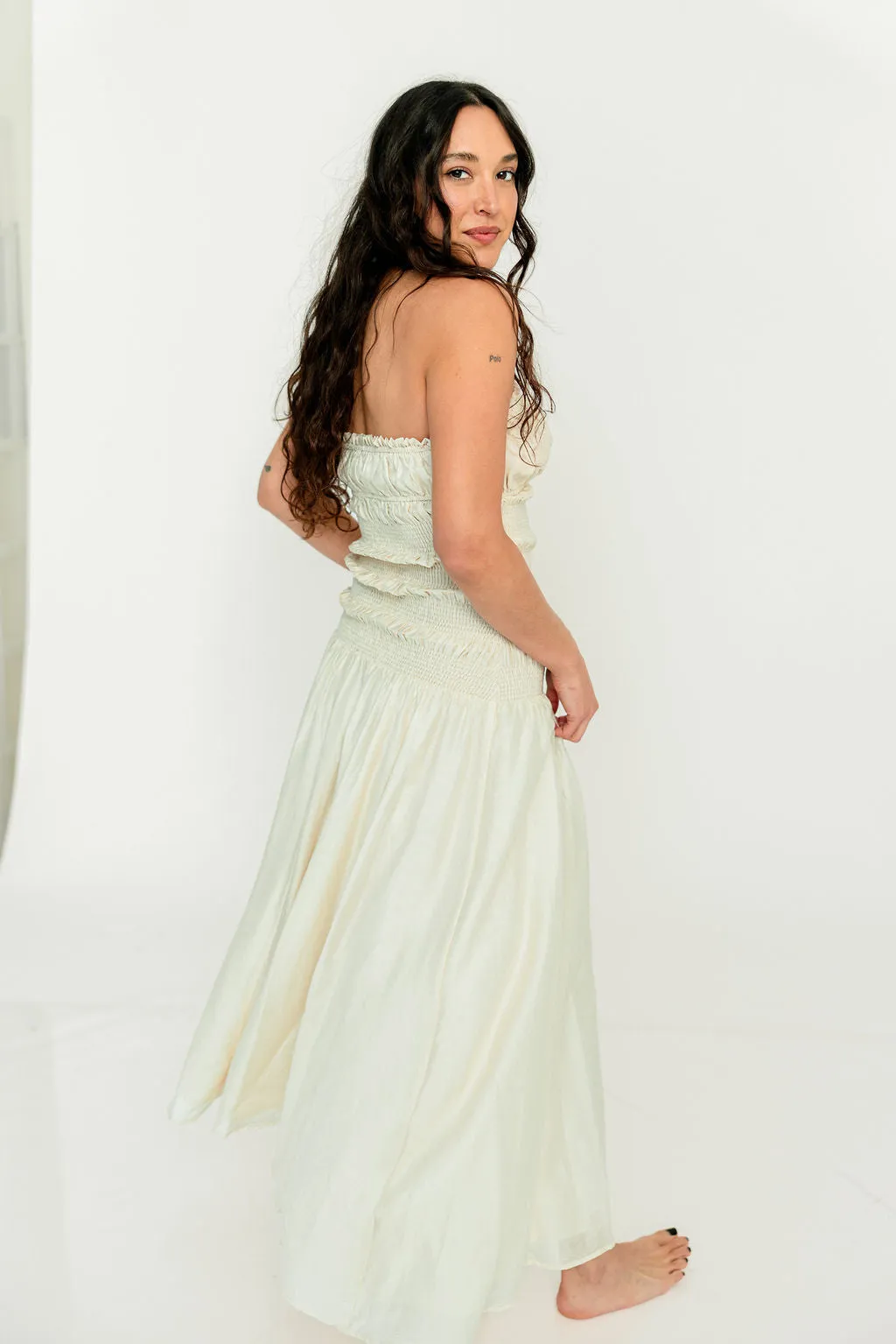 Myra Strapless Smocked Bodice Tube Maxi Dress in Cream sold by Worth Collective product image thumbnail 4