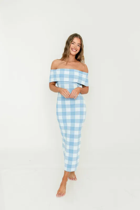 Carrie Gingham Plaid Off Shoulder Midi Dress in Blue made by MABLE