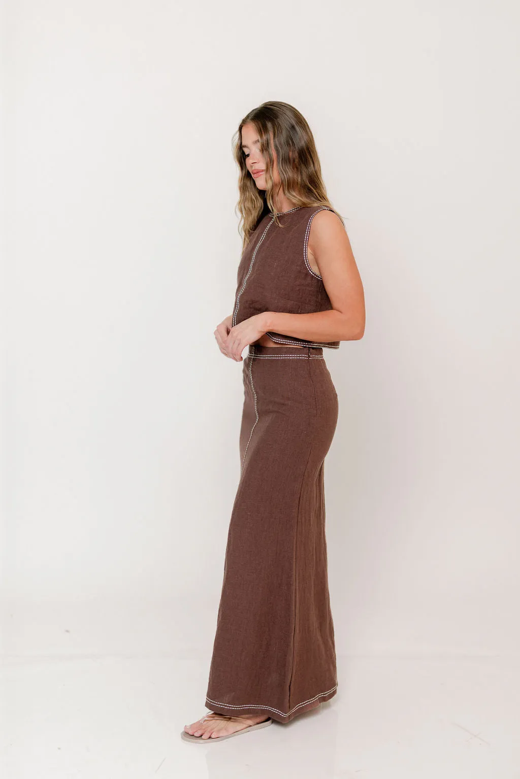 Blaire Contrast Stitch Linen Crop Top in Brown sold by Worth Collective product image thumbnail 3