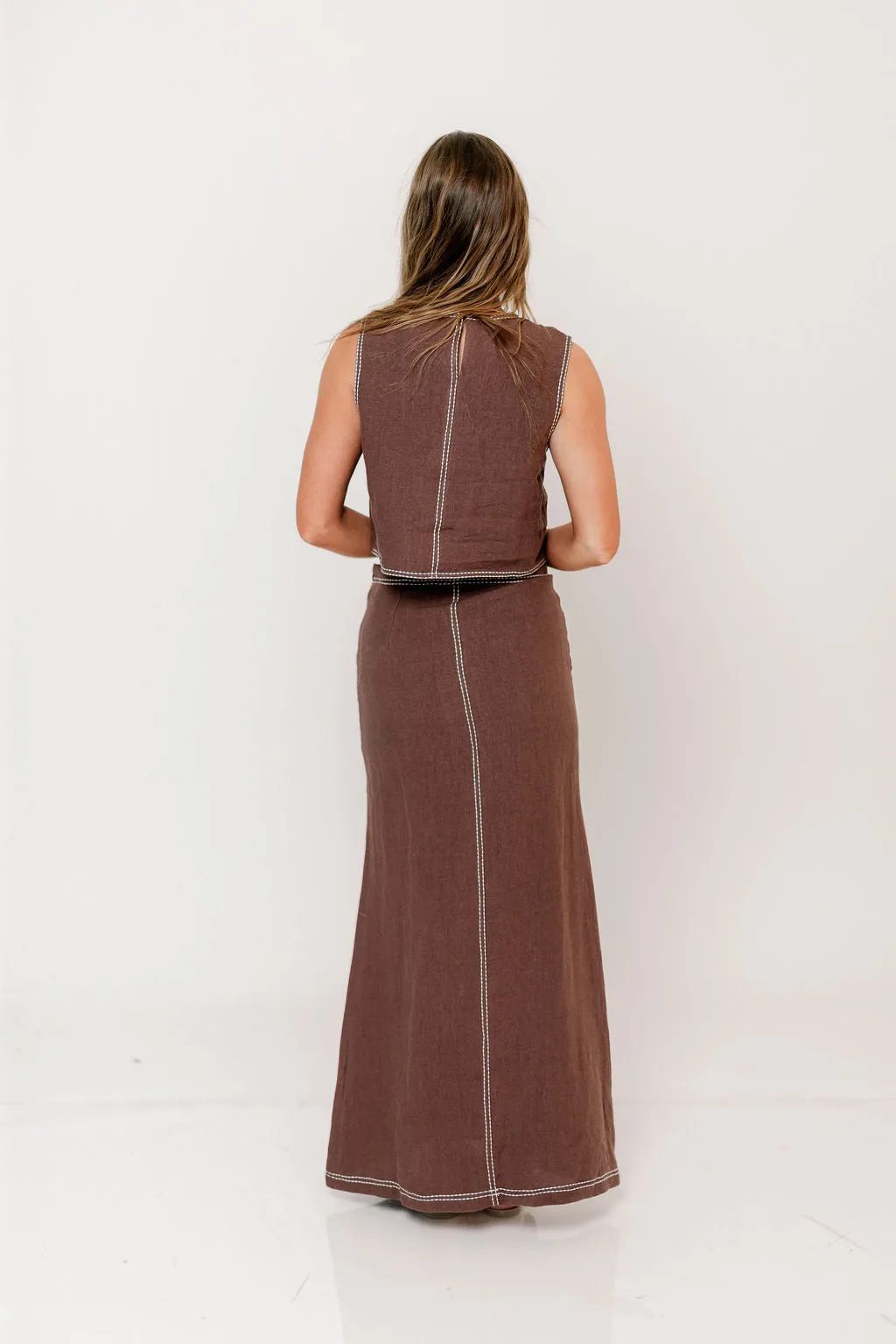 Blaire Contrast Stitch Linen Crop Top in Brown sold by Worth Collective product image thumbnail 4