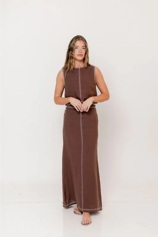 Blaire Contrast Stitch Linen Crop Top in Brown made by Crescent