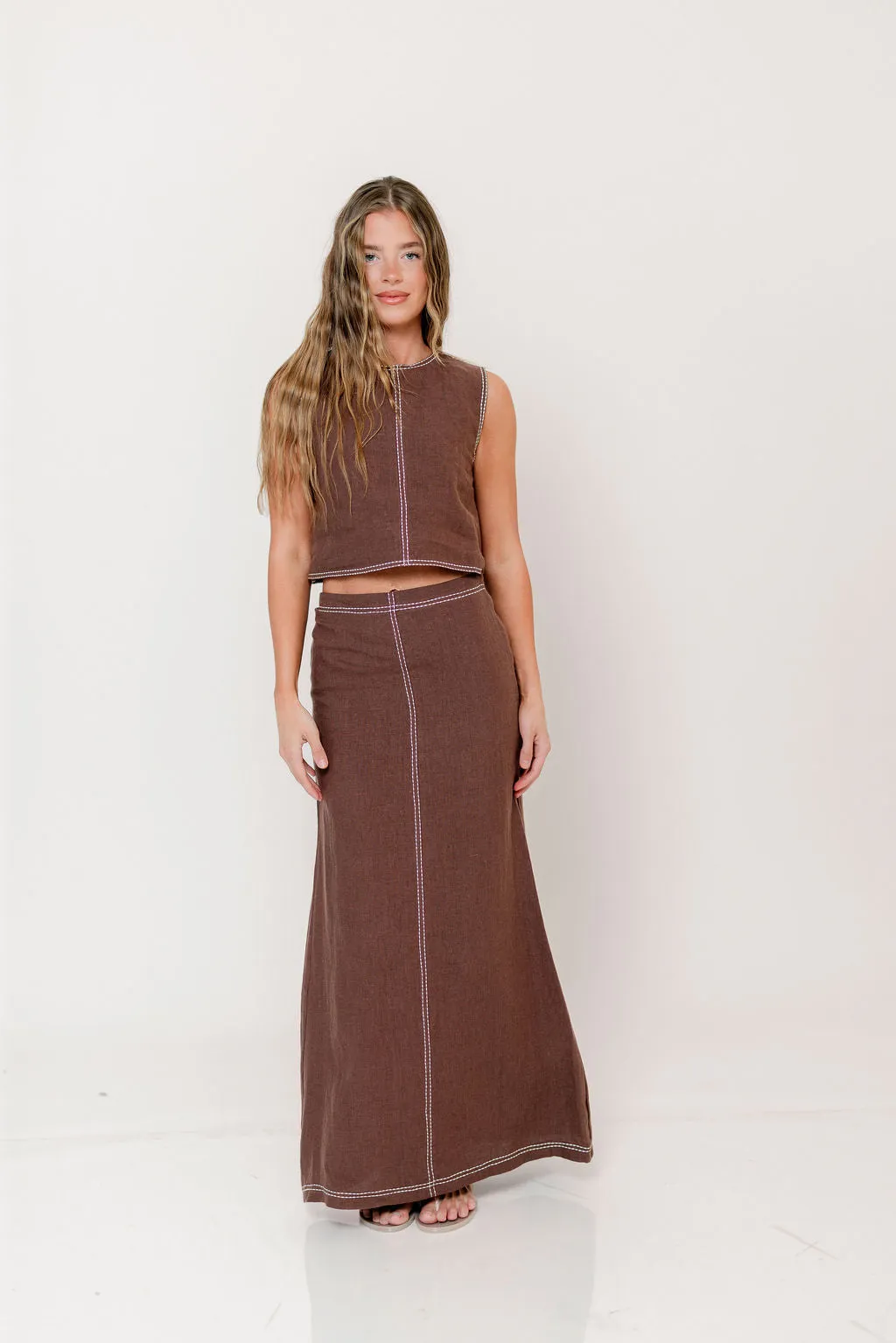 Blaire Contrast Stitch Linen Crop Top in Brown sold by Worth Collective product image thumbnail 5