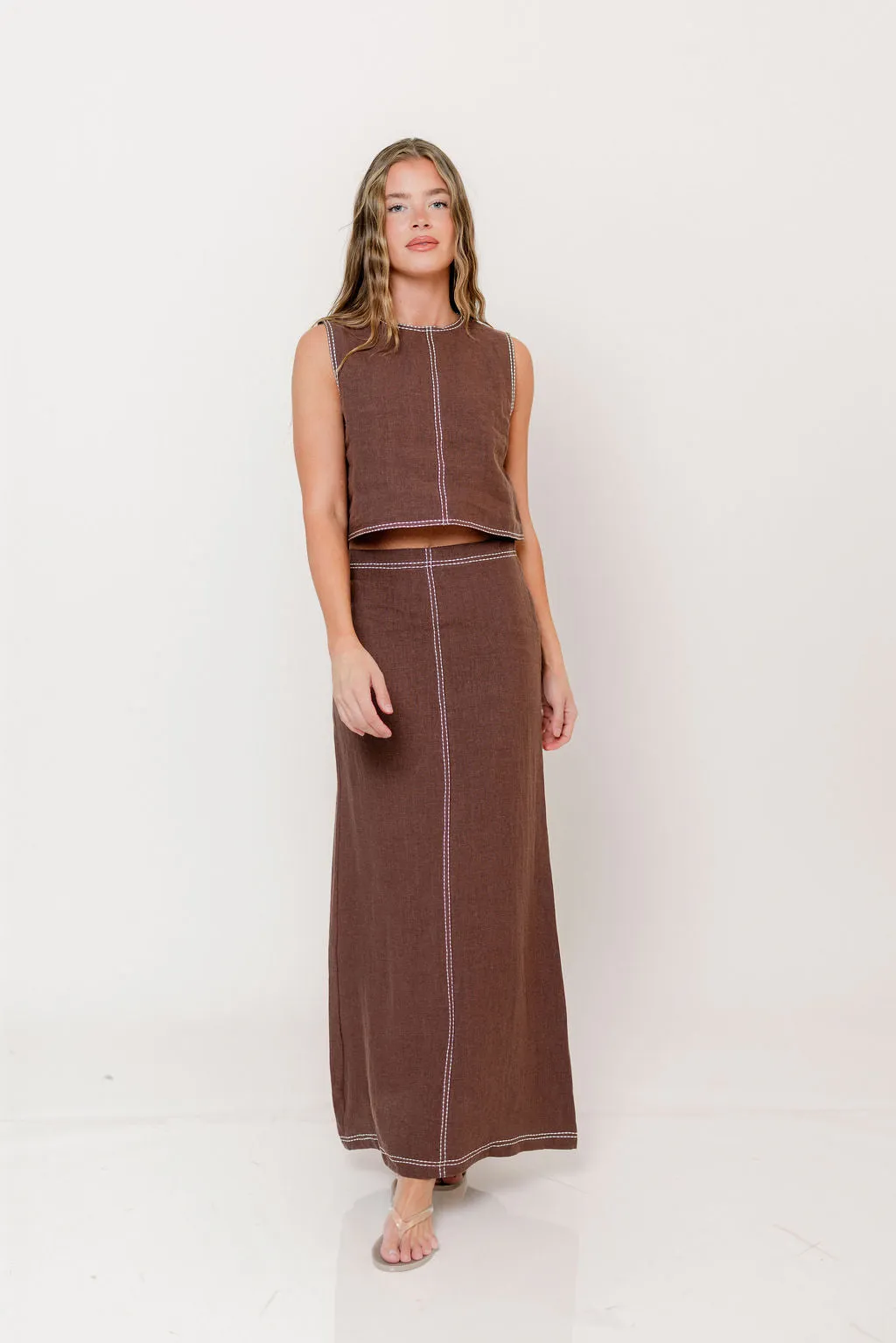 Blaire Contrast Stitch Linen Crop Top in Brown sold by Worth Collective product image thumbnail 2