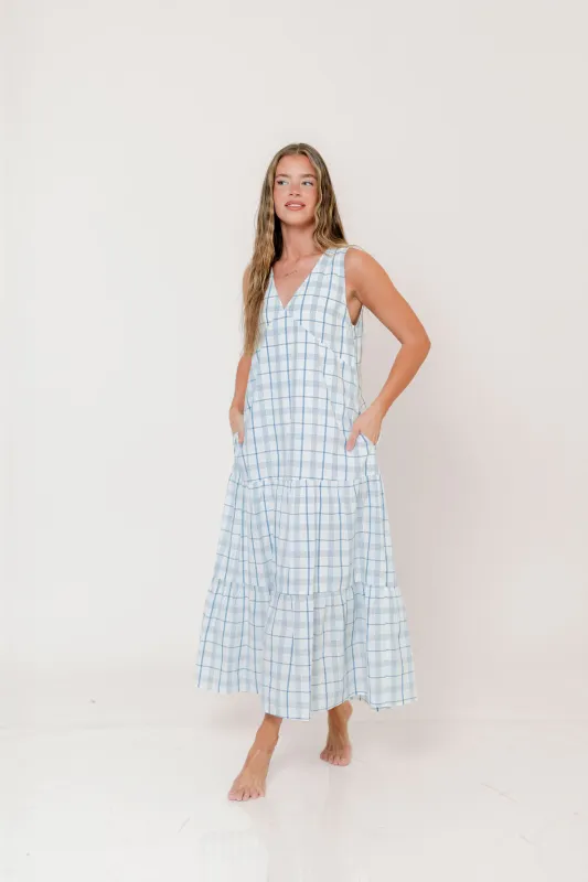 Ayla 100% Cotton Midi Dress in Off-White/Blue made by Wishlist