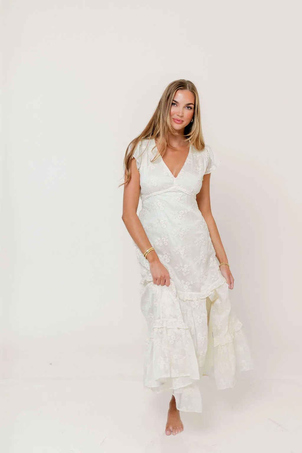 Eleanora Lace Embroidered Tiered Maxi Dress in Buttercream sold by Worth Collective product image thumbnail 4