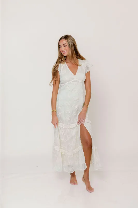 Eleanora Lace Embroidered Tiered Maxi Dress in Buttercream made by Inloom