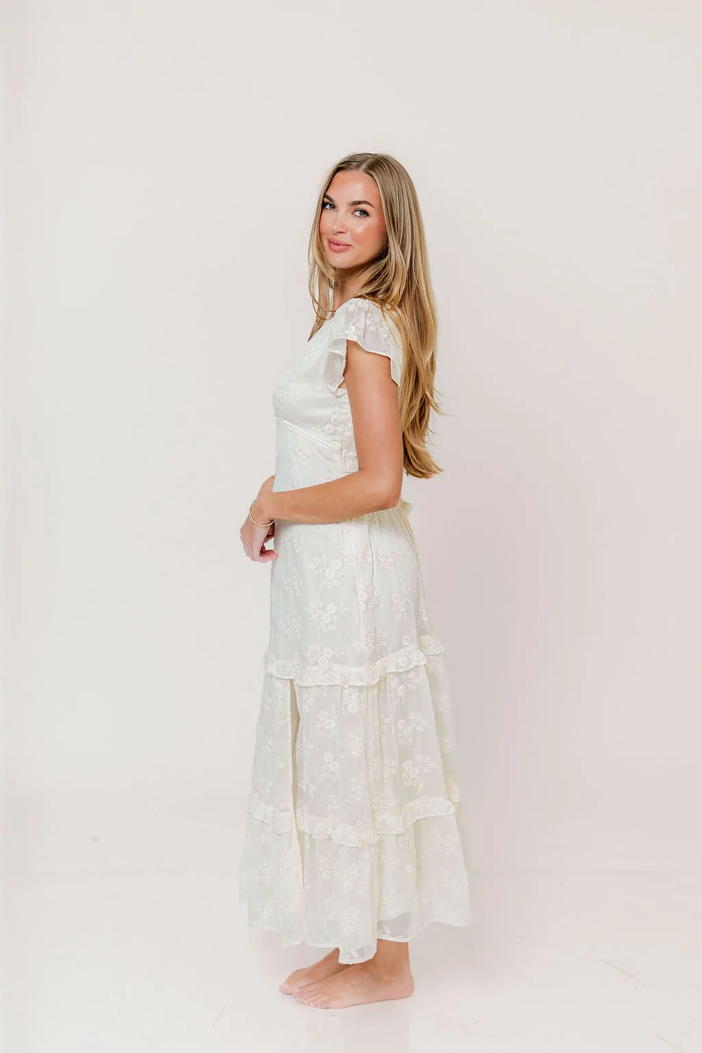 Eleanora Lace Embroidered Tiered Maxi Dress in Buttercream sold by Worth Collective product image thumbnail 5