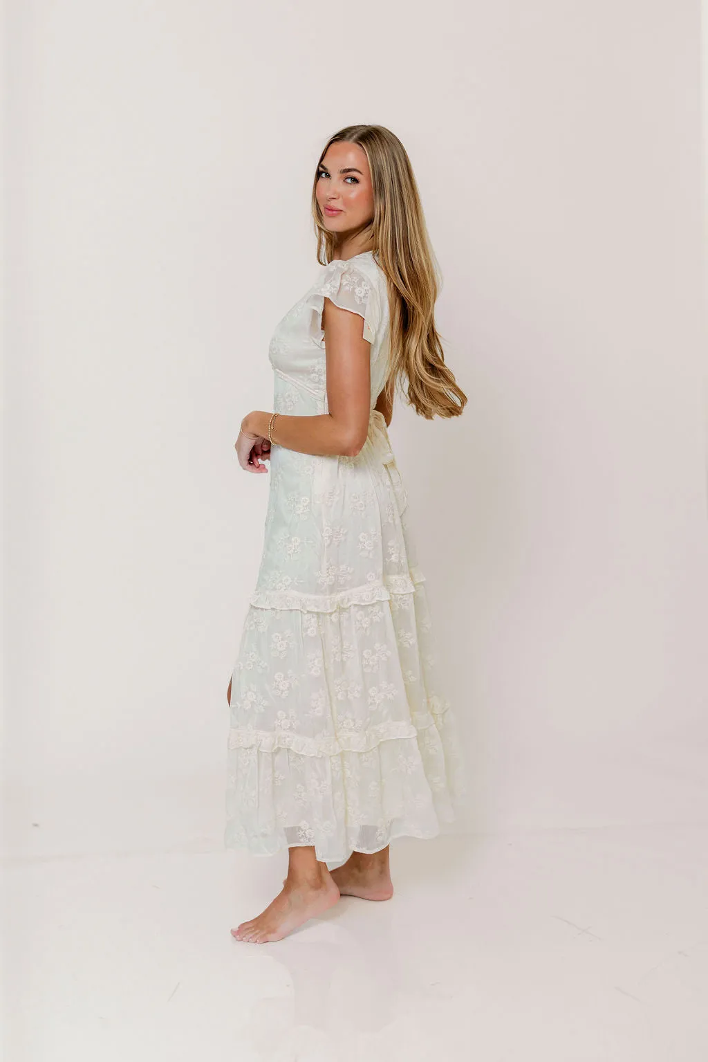Eleanora Lace Embroidered Tiered Maxi Dress in Buttercream sold by Worth Collective product image thumbnail 2