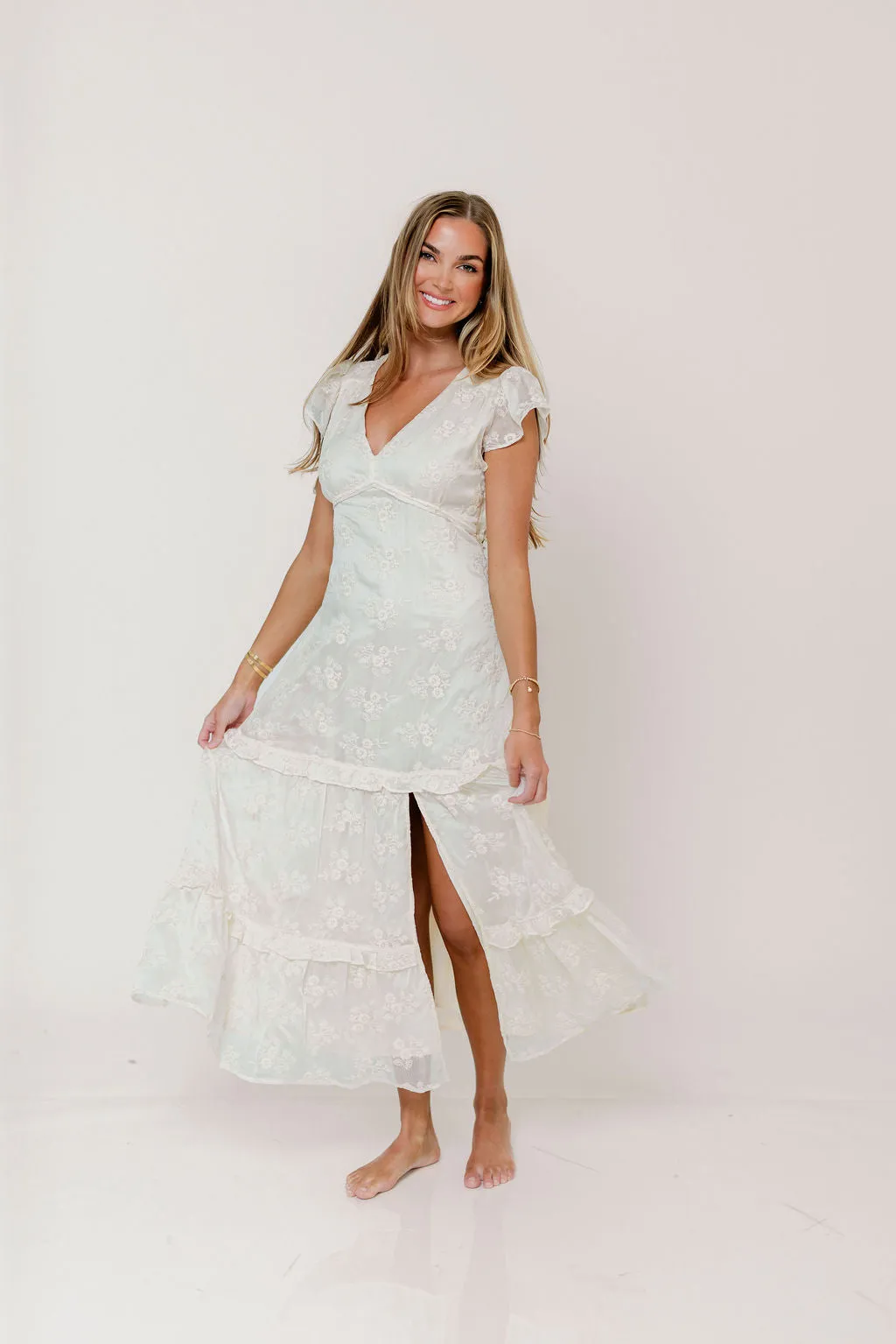 Eleanora Lace Embroidered Tiered Maxi Dress in Buttercream sold by Worth Collective product image thumbnail 3