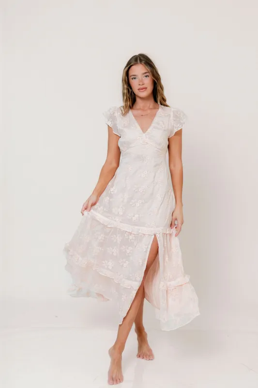 Eleanora Lace Embroidered Tiered Maxi Dress in Apricot made by Inloom