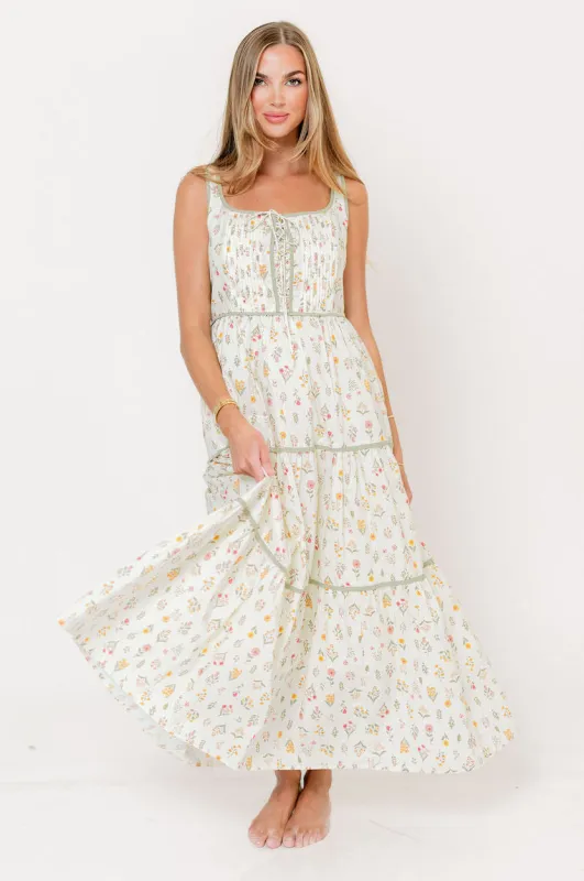 Ivy 100% Cotton Floral Lace-Up Maxi Dress in Poppy made by Inloom